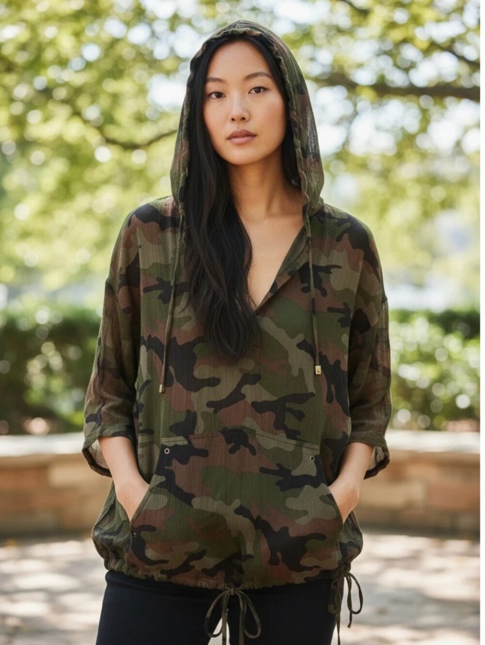 Michael Kors Camouflage Silk Georgette semi Sheer Pullover Hooded Blouse M